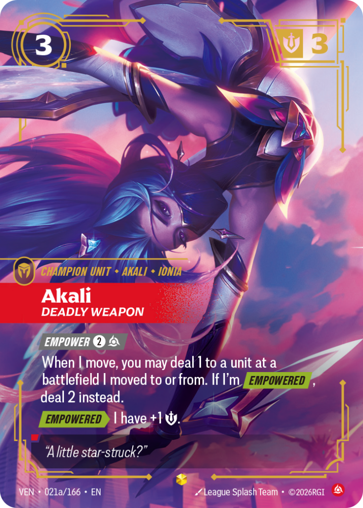 Akali, Deadly Weapon VEN-021A/166 – Vendetta – Alternate Art Foil