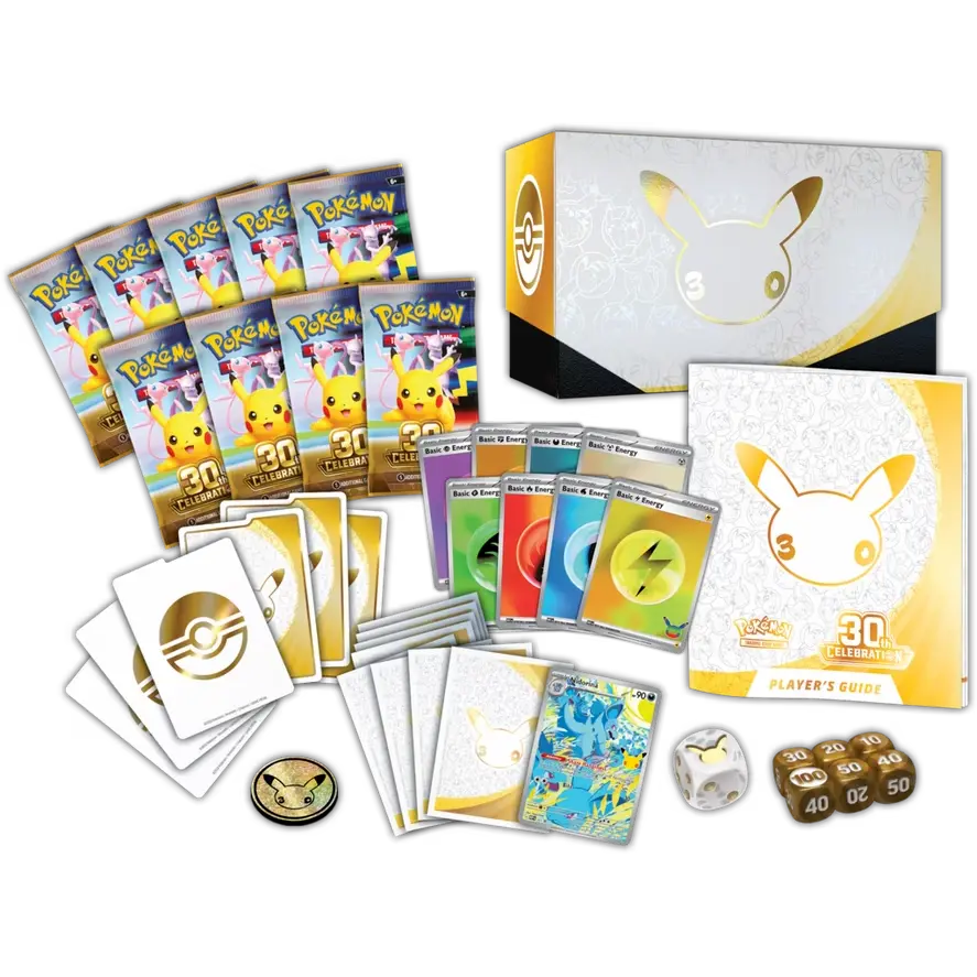 Inhoud van de Pokémon 30th Celebration Elite Trainer Box met booster packs, sleeves, energiekaarten, dobbelstenen en Player's Guide